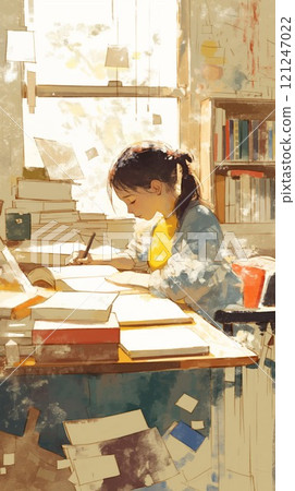 A girl sitting at her desk | A quiet study time surrounded by books and light 121247022