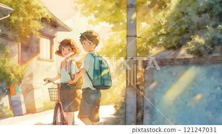 After school in summer | Junior high school student pushing a bicycle | A moment of youth full of smiles After school in summer | Junior high school student pushing a bicycle | A moment of youth full of smiles 121247031