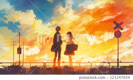 Railroad crossing at sunset | High school couple holding hands | Endless summer of youth | Dramatic scenery Railroad crossing at sunset | High school couple holding hands | Endless summer of youth | Dramatic scenery 121247034