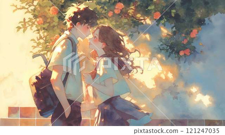Confession at dusk | A high school couple in uniform | Sweet moments of youth and blooming scenery Confession at dusk | A high school couple in uniform | Sweet moments of youth and blooming scenery 121247035