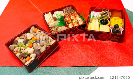 Osechi cuisine packed in a tiered box: Homemade New Year's cuisine Osechi cuisine packed in a tiered box: Homemade New Year's cuisine 121247060