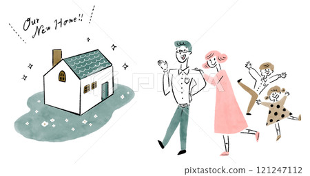A hand-drawn illustration of a happy family of four who have acquired their dream home 121247112