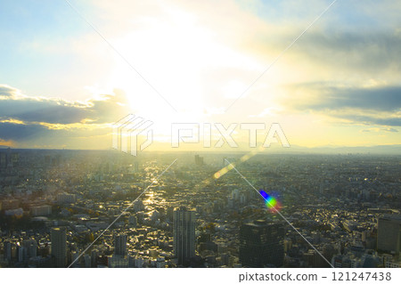 Central Tokyo with the setting sun behind it 121247438