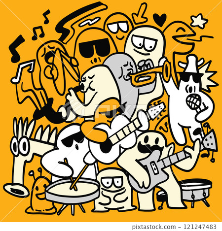 Colorful illustration of playful musical characters, featuring instruments like guitar, trumpet, and drums, creating lively and fun atmosphere Colorful illustration of playful musical characters, featuring instruments like guitar, trumpet, and drums, creating lively and fun atmosphere 121247483