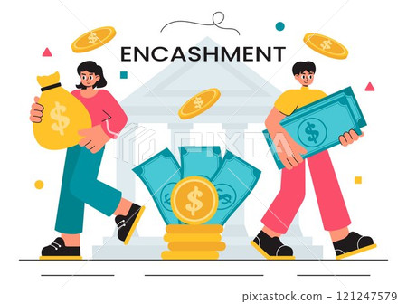 Encashment Vector Illustration featuring Employees Receiving Payment or Financial Compensation from Banking Collections in a Flat Style Background 121247579