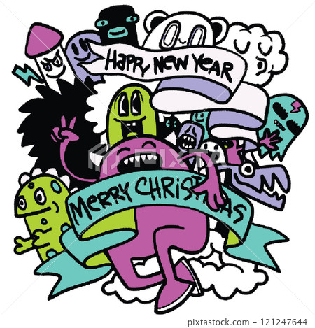 Colorful cartoon characters celebrating holidays with banners saying Happy New Year and Merry Christmas, creating festive and joyful atmosphere Colorful cartoon characters celebrating holidays with banners saying Happy New Year and Merry Christmas, creating festive and joyful atmosphere 121247644