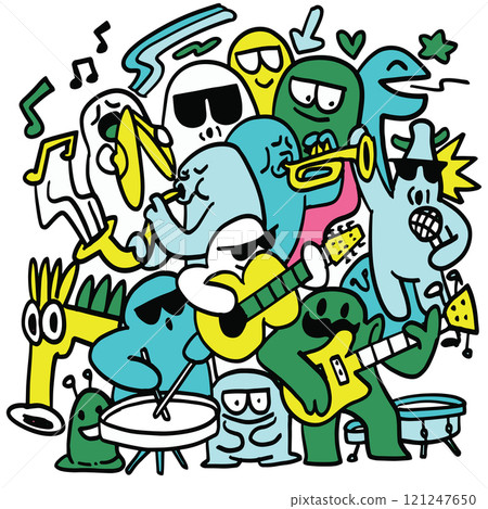 Colorful cartoon characters playing various musical instruments lively band scene, showcasing joy and creativity. vibrant illustration features diverse characters, including singers, guitarists 121247650