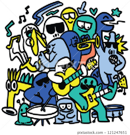 Colorful cartoon characters playing various musical instruments in lively jam session, showcasing creativity and fun in vibrant artistic style 121247651