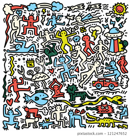 Colorful abstract doodles featuring playful figures, animals, and whimsical elements create lively and energetic scene. vibrant colors and dynamic shapes evoke sense of fun and creativity 121247652