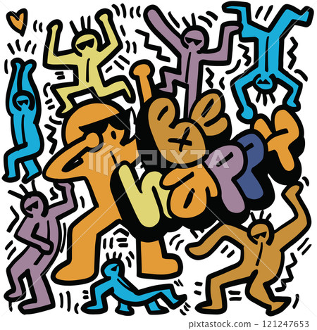Colorful illustration featuring playful figures dancing joyfully with phrase Be Happy prominently displayed. vibrant colors and dynamic poses evoke sense of fun and positivity 121247653