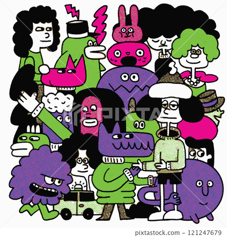 Colorful cartoon characters in whimsical, playful scene featuring various quirky designs and expressions. vibrant colors and unique shapes create fun and lively atmosphere Colorful cartoon characters in whimsical, playful scene featuring various quirky designs and expressions. vibrant colors and unique shapes create fun and lively atmosphere 121247679