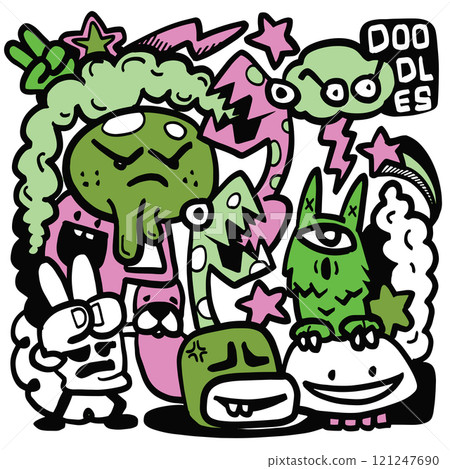 Doodle art featuring colorful, quirky characters with various expressions and shapes, showcasing playful and imaginative design Doodle art featuring colorful, quirky characters with various expressions and shapes, showcasing playful and imaginative design 121247690