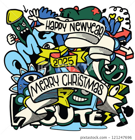 Colorful illustration featuring festive elements for New Year and Christmas celebrations, including playful characters and vibrant designs, conveying joy and excitement for 2025 121247696