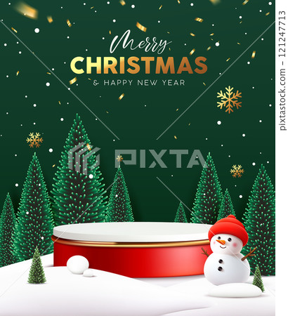 Merry Christmas and Happy new year, Podium, Snowman, poster flyer design on pine tree green background 121247713