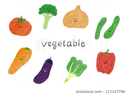 Vegetables Colored pencil style digital illustration set of 8 (with faces) 121247796