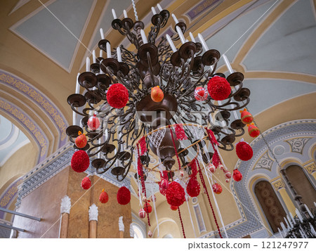 [Ukraine] A large chandelier inside a Christian Orthodox church in the eastern city of Kharkiv 121247977
