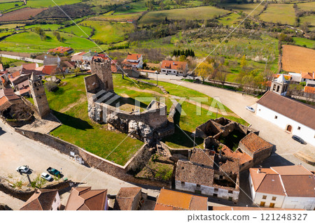 Aerial view of remains of medieval castle in Mogadouro, Portugal 121248327