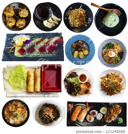 Tasty different dishes of japanese cuisine served at plates 121248389