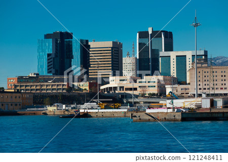 Old port of Genova and quay from sea view in Italy 121248411