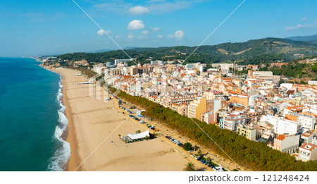 Aerial view of Calella Beach in Catalonia, Spain 121248424