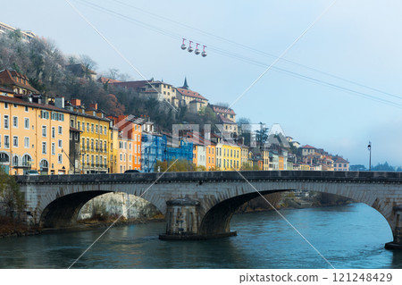 Aerial view of Grenoble cable car with French Alps and bridge 121248429