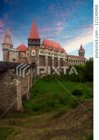 Corvin Castle in evening dusk, Romania 121248466