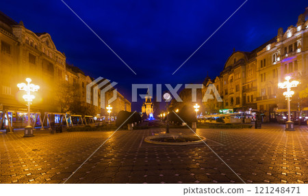 Victoriei Square with Orthodox Cathedral at night, Timisoara 121248471