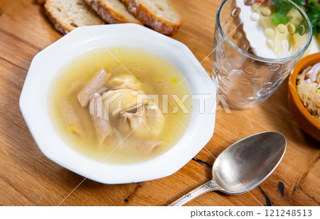 Chicken soup with pasta served in bowl 121248513