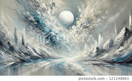 Fantastic winter landscape - frozen earth and moonlight glow 121248663