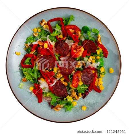 Salad with chorizo, corn and peppers 121248931