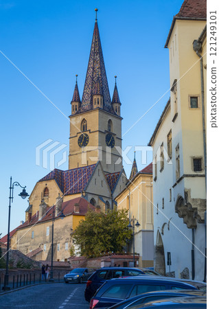 Image of Cathedral on night strrets of Sibiu Image of Cathedral on night strrets of Sibiu 121249101