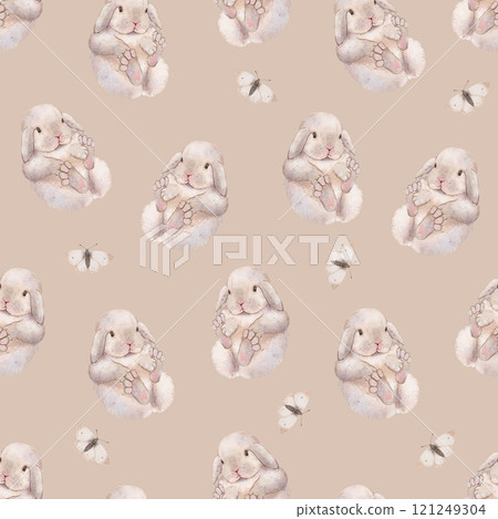 Seamless pattern Chubby, fluffy rabbits, hares. Watercolor  121249304