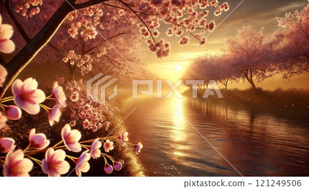 盛開的櫻花反映在水面上 盛開的櫻花反映在水面上 121249506