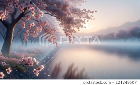 盛開的櫻花反映在水面上 盛開的櫻花反映在水面上 121249507