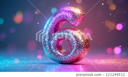 The number 6 decorated with sparkling colorful glitter 121249512