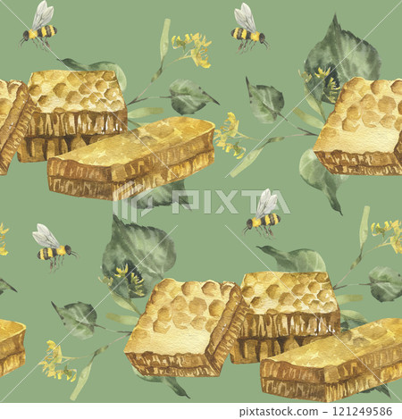 Golden honeycombs slices. green linden branches with leaves and flying bees on watercolor seamless pattern on green background. Cute natural pattern in pastel colors for home decor, textile design Golden honeycombs slices. green linden branches with leaves and flying bees on watercolor seamless pattern on green background. Cute natural pattern in pastel colors for home decor, textile design 121249586