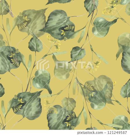 Green linden branches with leaves and flowers watercolor seamless pattern on yellow. Hand drawn floral background, greenery forest elements for home textile, fabric design.Eco nature decor 121249587