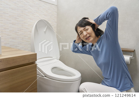 Woman holding her head in the toilet, looking at the camera 121249614