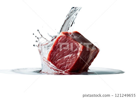 Cube raw meat splash with water on isolate white 121249655