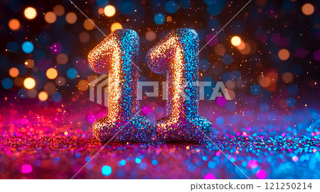 The number 11 decorated with sparkling colorful glitter 121250214