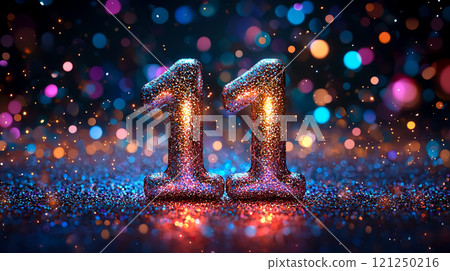 The number 11 decorated with sparkling colorful glitter 121250216