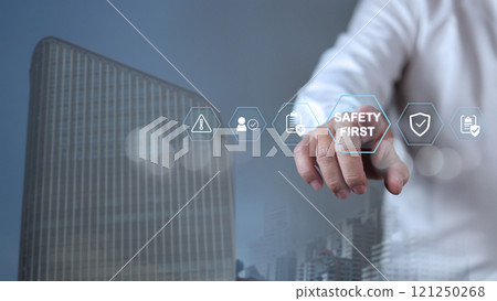 Safety first and work safety concept. Work safety concept, Concept safety first as a priority in professional environments, Safety first, Regulations and group insurance, Working standard process. 121250268