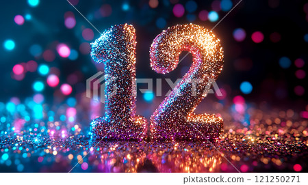 數字 12 飾有閃閃發光的彩色閃光。 121250271