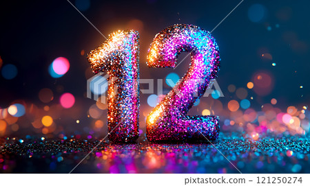 The number 12 decorated with sparkling colorful glitter 121250274