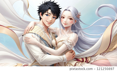 Fantasy anime illustration of a prince and princess in gorgeous costumes 121250897