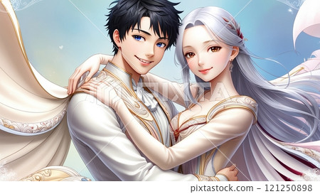 Fantasy anime illustration of a prince and princess in gorgeous costumes 121250898