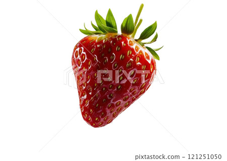 Falling juicy ripe strawberry with green leaves isolated on transparent background. Flying defocusing strawberry berries. Applicable for juice advertising 121251050