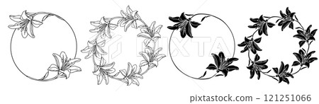 Lilies flower wreath set, hand drawn illustration for design of card or wedding invitation. 121251066