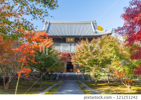 Autumn in Kyoto: Nishijin Koshoji Temple, main hall surrounded by autumn leaves 121251242