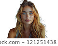 A woman with long blonde hair, smiling, wearing a black shirt 121251438